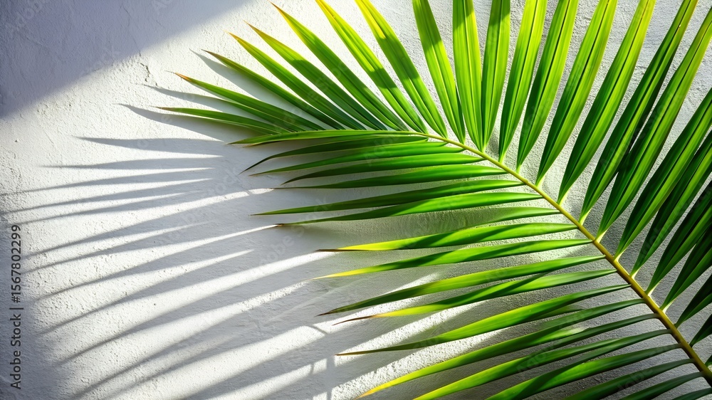 Fototapeta premium Photo of a vibrant green palm leaf casts sharp, dramatic shadows on a textured white wall under bright sunlight