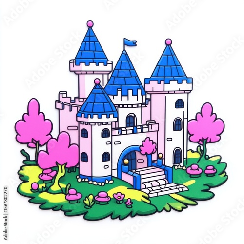 Colorful Fairytale Castle Surrounded by Trees and Flowers in a Playful Style