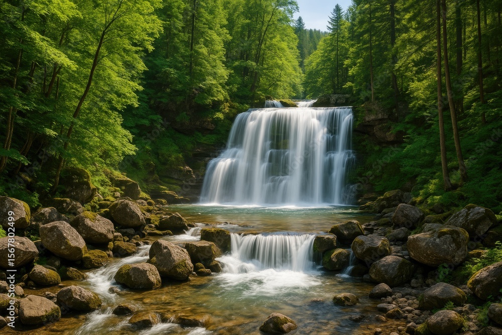 Obraz premium A cascade surrounded by lush foliage and rocky formations