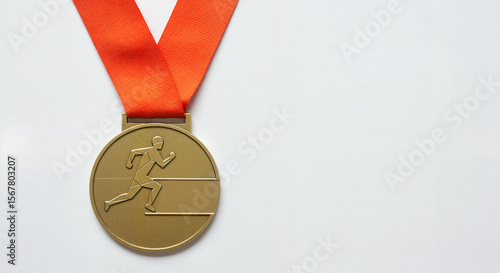 Gold marathon medal featuring running figure with orange ribbon on white background
