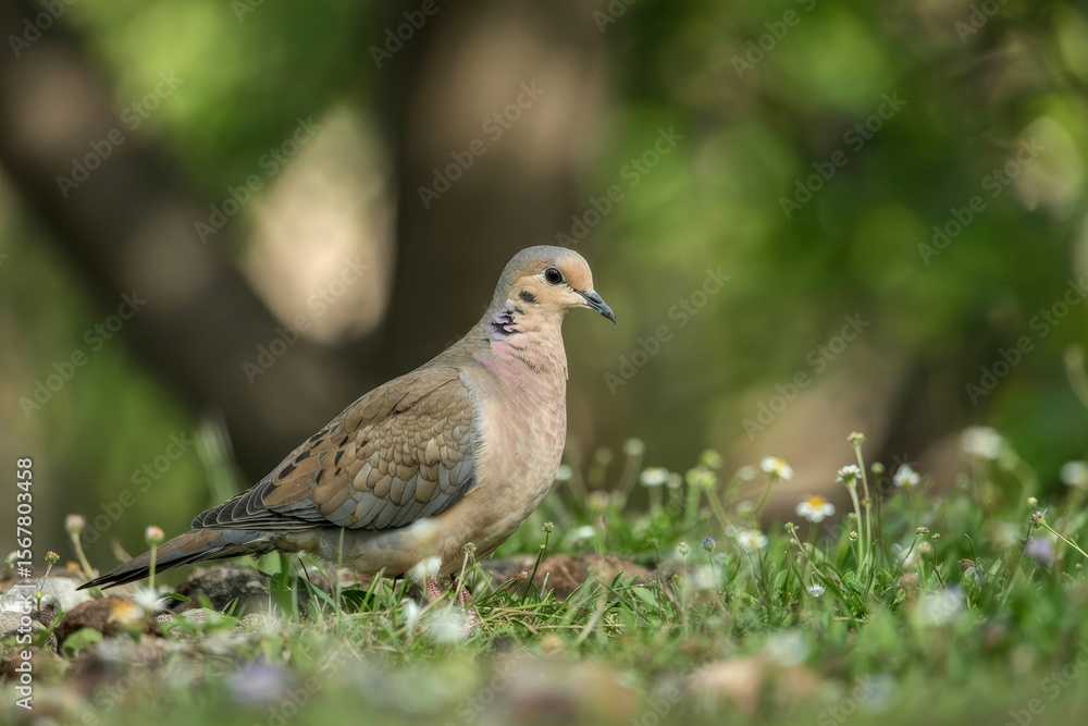 A photograph of a beautiful mourning dove perched gently on a bed of soft green grass A photograph of a beautiful mourning dove perched gently on a bed of soft green grass