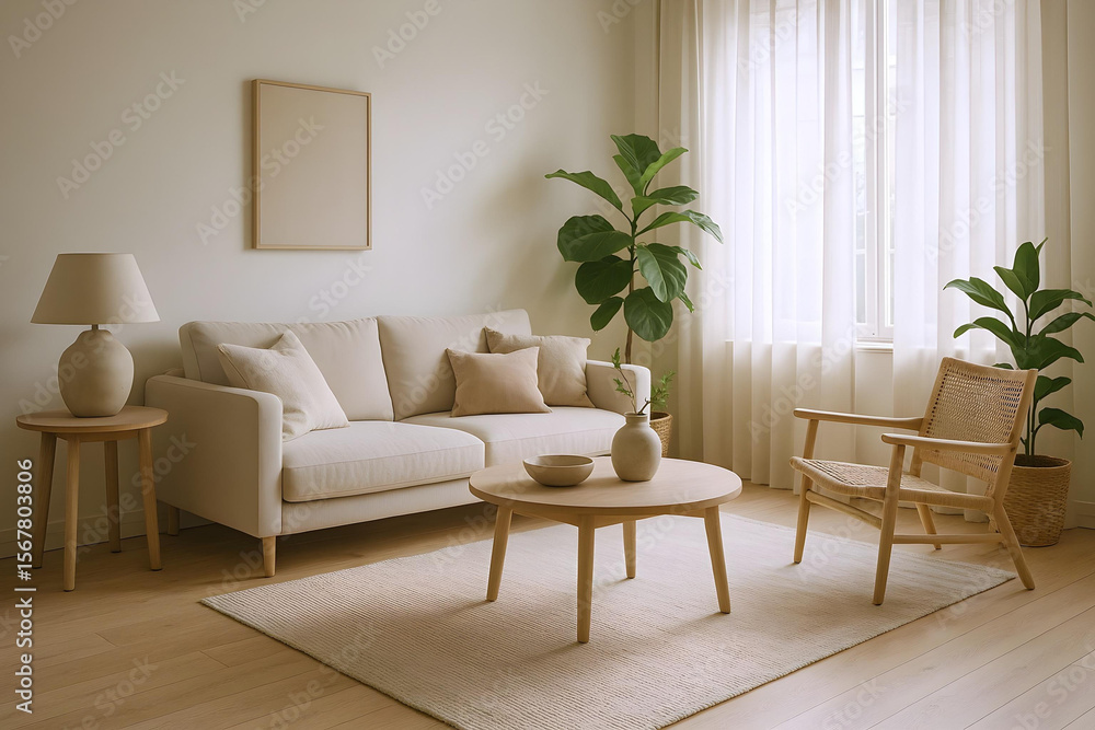 Fototapeta premium Cozy living room with neutral tones and natural light