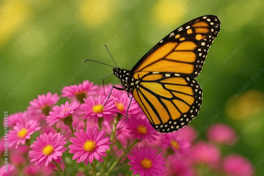 Bright yellow butterfly resting on vibrant pink blossoms Bright yellow butterfly resting on vibrant pink blossoms