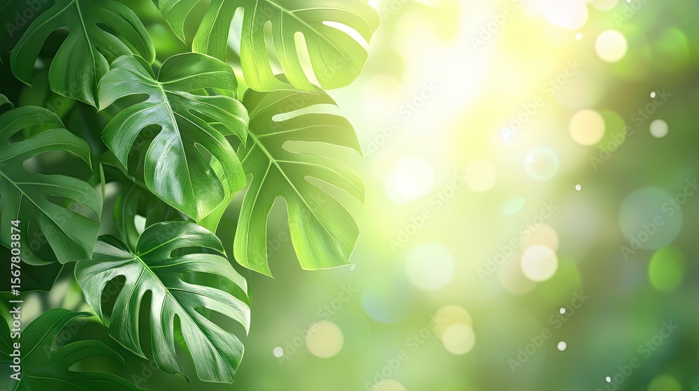 Naklejka premium Lush tropical leaves bathed in soft sunlight.