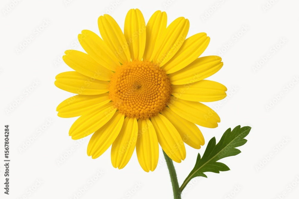 Obraz premium Single yellow daisy flower (chamomile) on a plain white backdrop (decorative element)