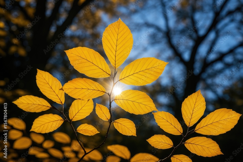 Fototapeta premium Golden fall beech leaves illuminated by sunlight, shallow depth of field with blurred dark branches and a clear blue sky