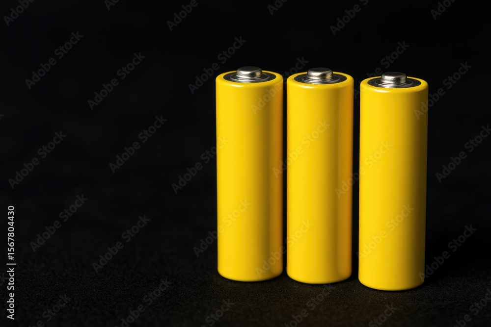Close-up of three yellow batteries against a dark, blurred background showcasing electrical power. Battery cells on textured fabric with space for message. Close-up of three yellow batteries against a dark, blurred background showcasing electrical power. Battery cells on textured fabric with space for message.
