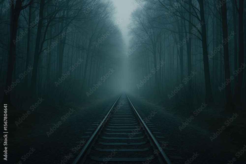 Fototapeta premium Journey through a haunting foggy woodland on a chilly winter's afternoon with an eerie and enchanting setting.