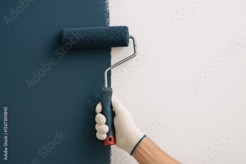 Wallpaper Mural Painter applying dark blue paint to wall surface during renovation, leaving space for additional notes Torontodigital.ca