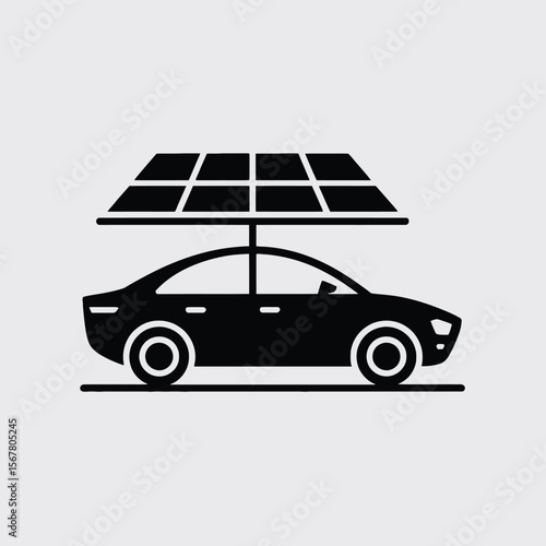Black Silhouette of a Sedan Car Parked Under a Solar Panel Canopy on a Light Gray Background Simple Clean Design Icon Graphic