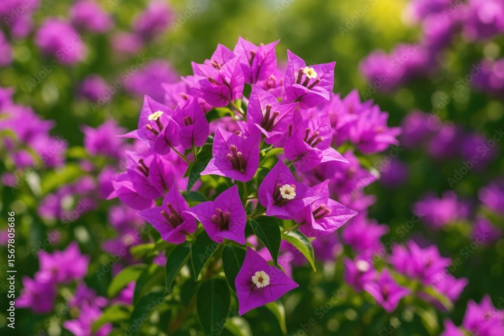 Fototapeta premium Vivid purple bougainvillea blossoms thriving in the sunlight