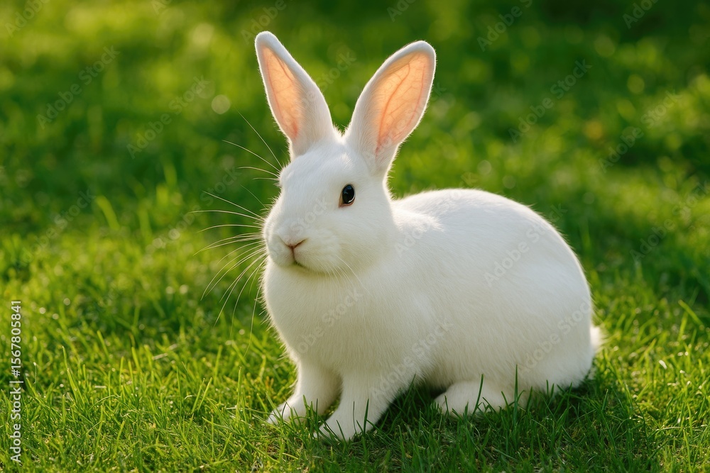 Fototapeta premium A stunning purebred rabbit basking in the sunlight outdoors, surrounded by lush grass