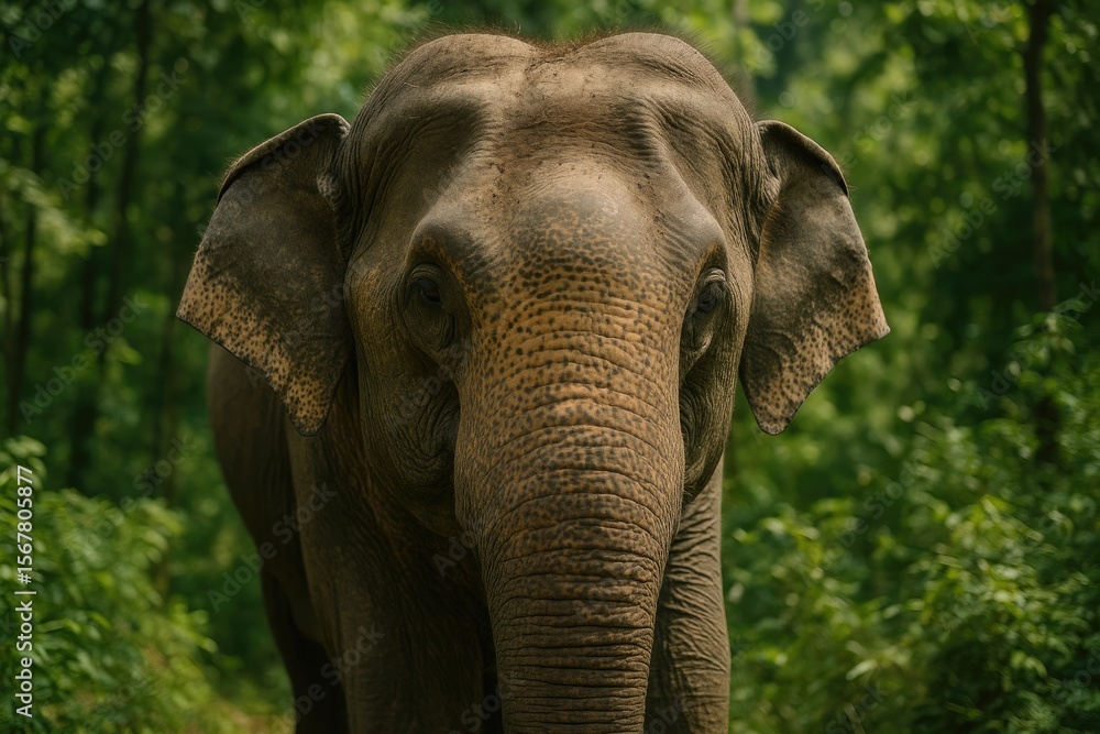 Fototapeta premium Detailed view of an elephant's face highlighting its textured skin and small ears amidst lush foliage