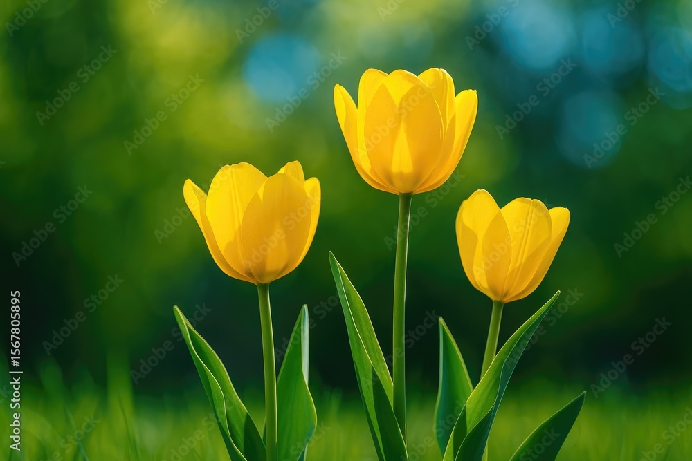 Obraz premium Beautiful yellow tulips with vibrant green and blue bokeh effects