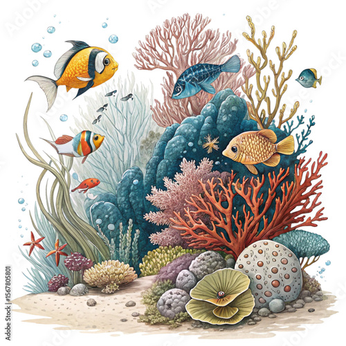 marine life in on  marine underwater wildlife detail on white background