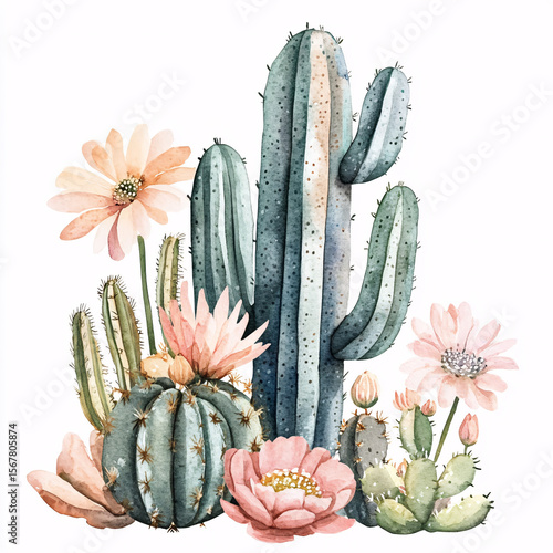 Watercolor cactus garden illustration with assorted succulents and soft pink blooming flowers on white background in botanical style
