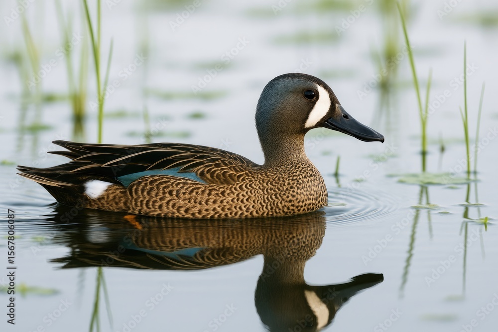 Fototapeta premium A teal duck with blue wings gliding through a marshland