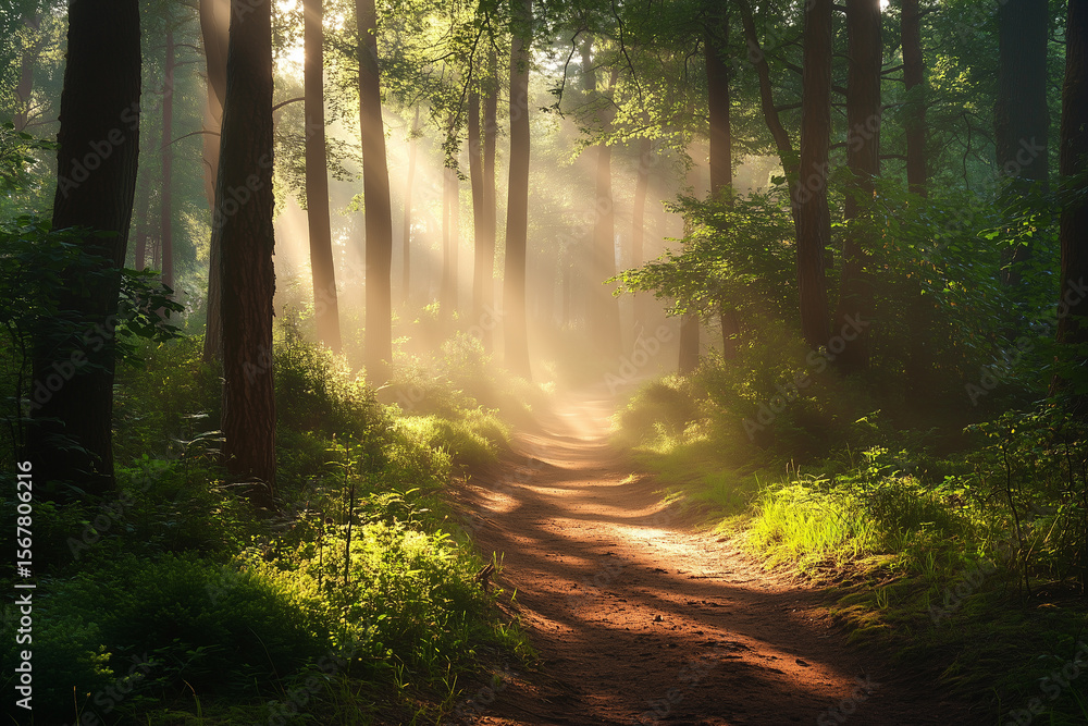 Serene forest trail illuminated by sunlight with trail runners weaving through lush greenery during the early morning hours Serene forest trail illuminated by sunlight with trail runners weaving through lush greenery during the early morning hours