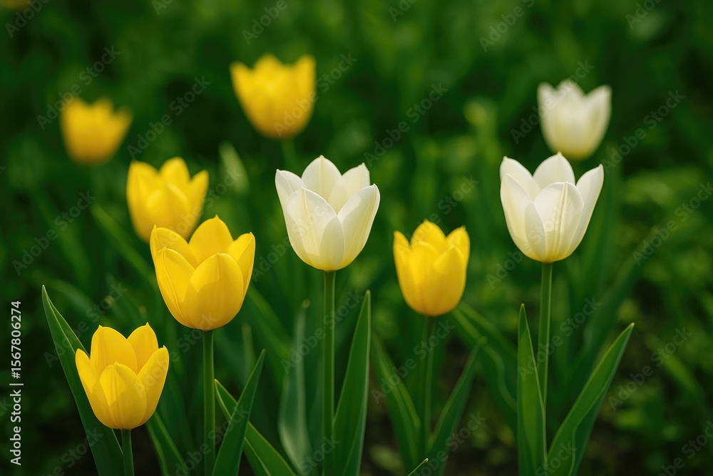 Obraz premium Detailed view of vibrant yellow and white tulips amid dense greenery
