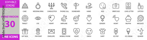 Honeymoon icons set. Containing Vector pictograms of honeymoon, love, romantic, travel, heart, couple, wedding, vacation, beach, sunset, romance, celebration, marriage and more. Victor Illustration.