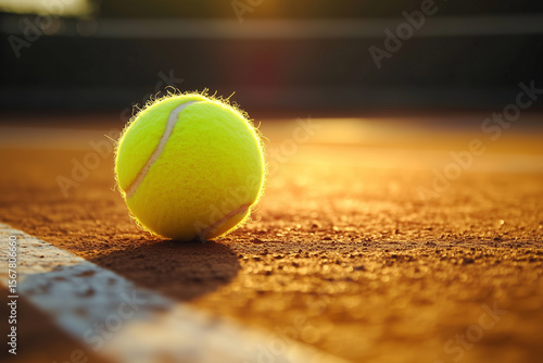 Tennis ball resting on the baseline of a sunlit court during golden hour