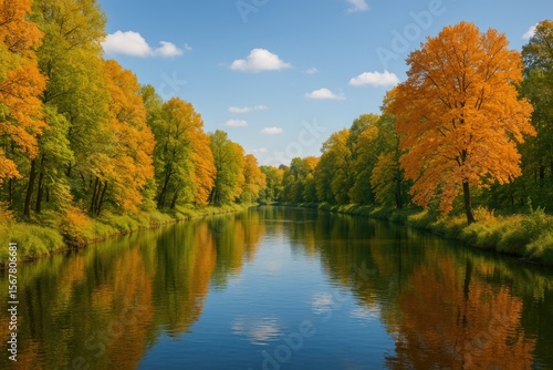 Serene autumn afternoon by a tranquil river surrounded by colorful foliage