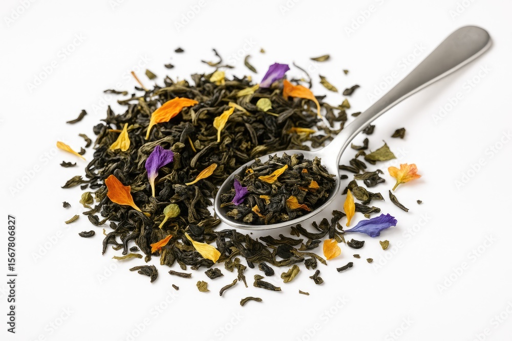 Fototapeta premium A spoonful of dried and blended tea leaves on a white background