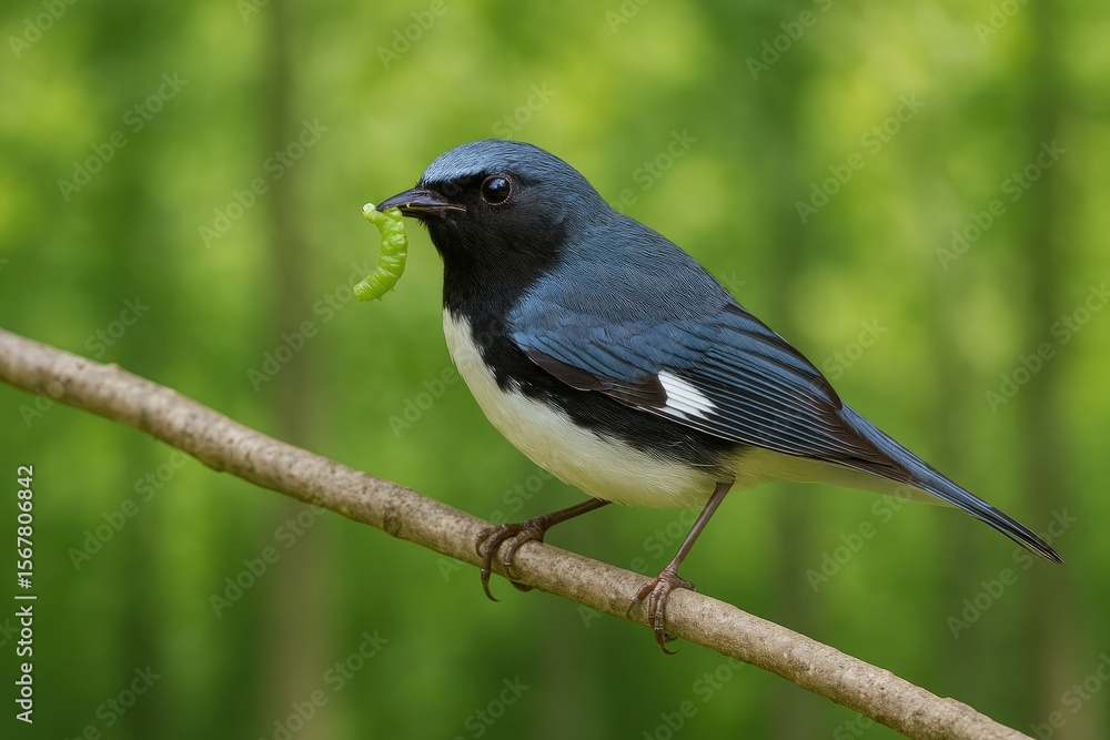 Obraz premium A black-throated blue warbler holding a caterpillar larva in its beak