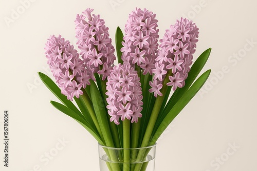 A glass vase filled with delicate lilac-pink hyacinth blooms