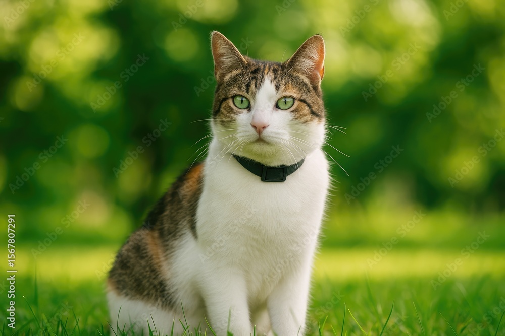 Fototapeta premium Feline with a dark collar resting on the floor, gazing directly at the lens with a green eye