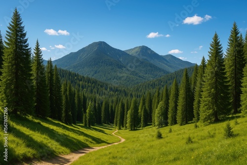 Fototapeta Naklejka Na Ścianę i Meble -  Exploring lush green mountains under a clear blue sky