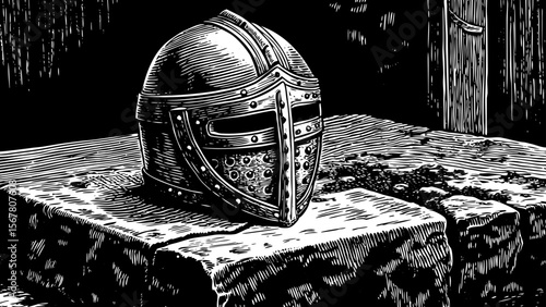 A medieval knight’s helmet placed on an ancient stone pedestal, ideal for historical illustrations, fantasy-themed posters, or museum design a black and white line art illustration