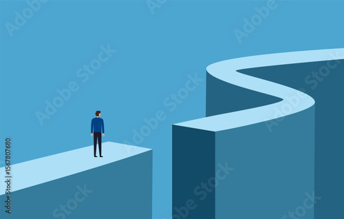 Overcoming obstacles. Businessman standing on way gap.