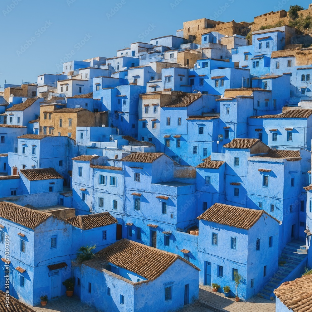 Obraz premium Scenic panorama of the blue-painted buildings in a charming Moroccan town