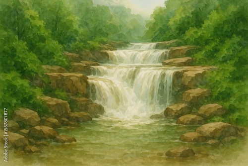 Watercolor artwork depicting a lush green waterfall with earthy brown tones