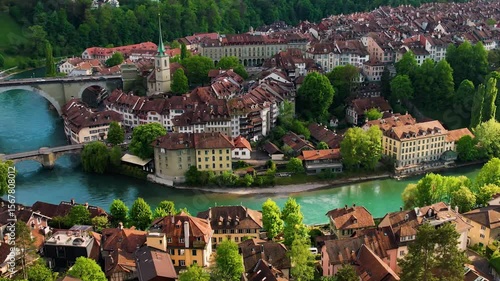 Panoramic aerial of the old town of the capitol city Bern in Switzerland on a sunny afternoon in summer