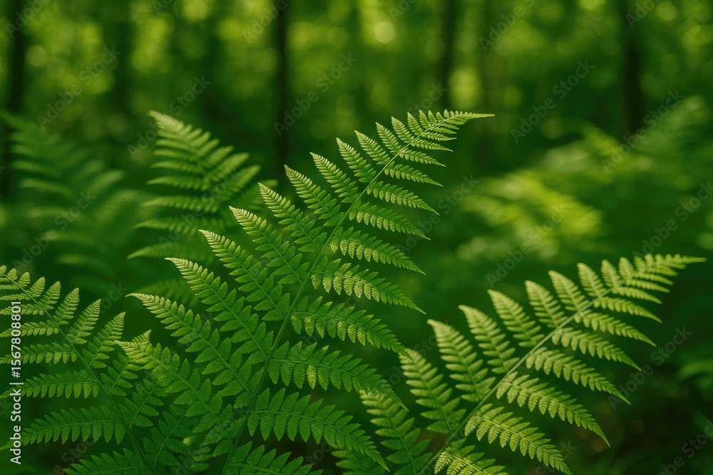 Sunlit Ferns and Verdant Foliage in a Woodland Setting Sunlit Ferns and Verdant Foliage in a Woodland Setting