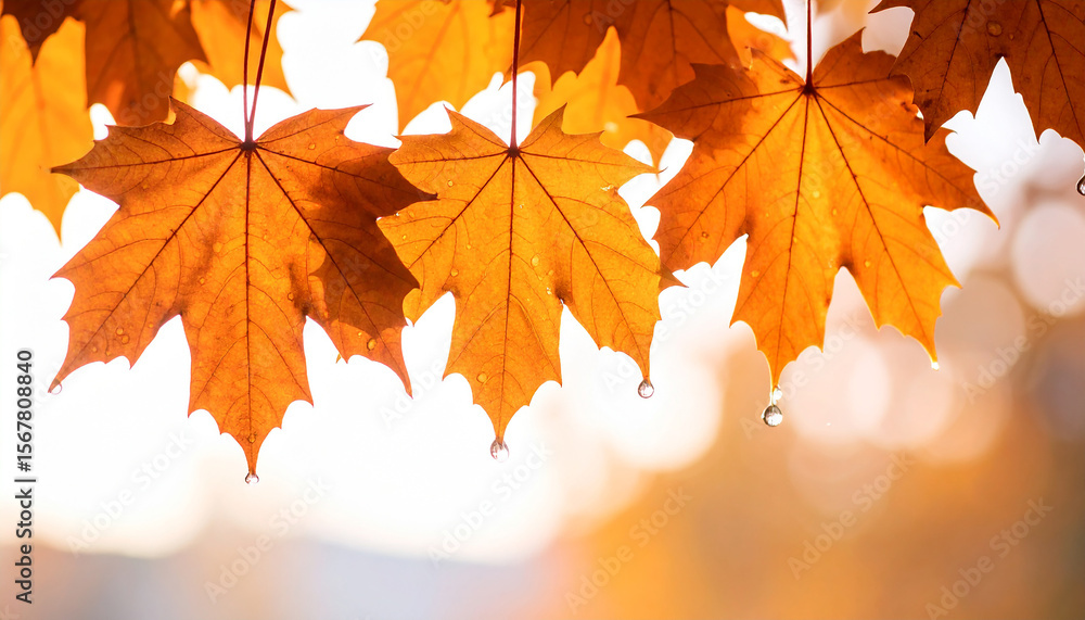Autumn leaves floating with water drops against a neutral background
Autumn leaves floating with water drops against a neutral background