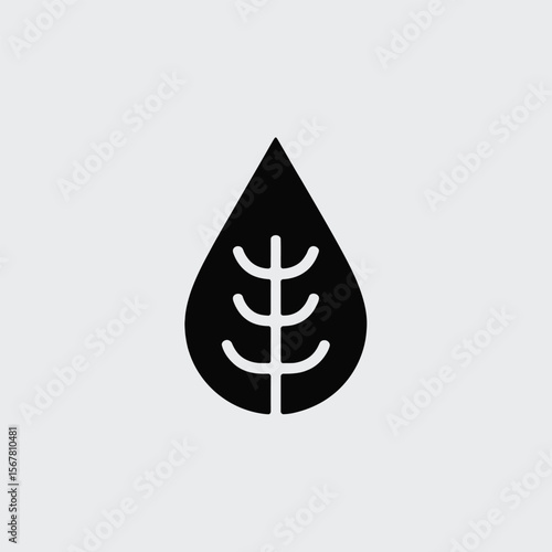 Black teardrop shaped icon featuring a stylized white leaf or plant motif inside a minimalist design on a light gray background simple graphic element