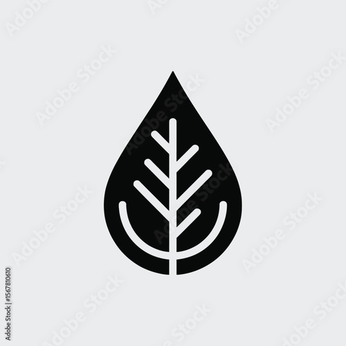 Black teardrop shaped leaf icon minimalist design simple graphic white lines natural eco friendly symbol logo emblem botanical illustration vector art
