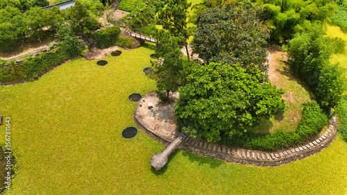 Aerial View of a Lush Green Garden with Winding Paths and Central Tree