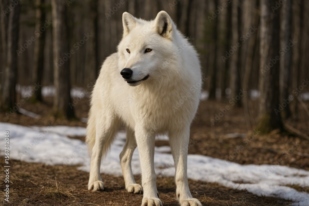 A white Arctic wolf prowls through a northern forest, cautiously hunting for prey after the recent snowmelt in early spring. A white Arctic wolf prowls through a northern forest, cautiously hunting for prey after the recent snowmelt in early spring.
