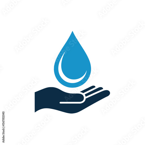 Blue Water Drop Icon in an Open Dark Blue Hand Graphic Design Element for Water Conservation or Purity Concept