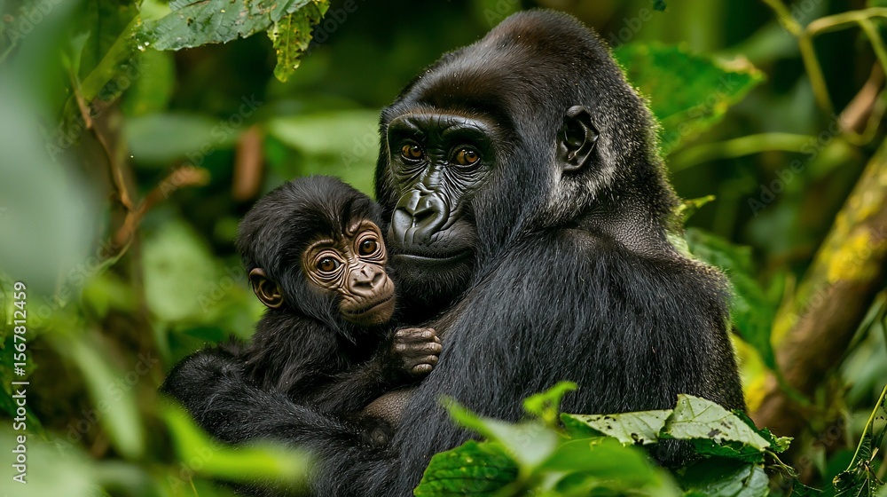 Obraz premium Gorillas in lush jungle; mother tenderly cradles baby
