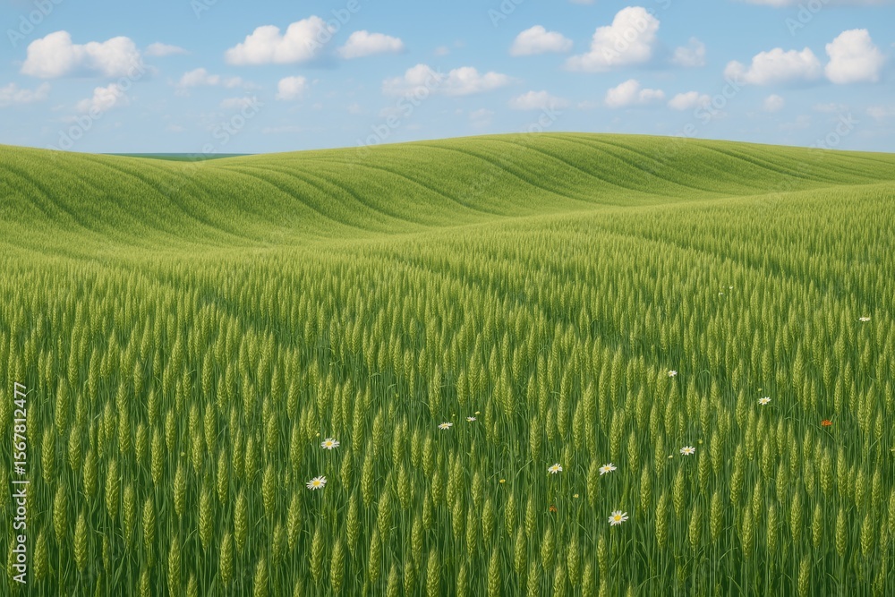 Naklejka premium Young cereal crops thriving in a lush agricultural field