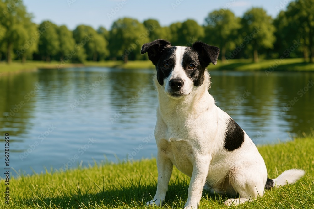 Adorable black and white pup resting by a pond on a bright sunny afternoon Adorable black and white pup resting by a pond on a bright sunny afternoon