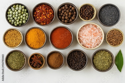 Fototapeta Naklejka Na Ścianę i Meble -  Assorted spice collection with various textures and colors, including seeds, powders, and salts, arranged on a food-themed background from a top-down perspective.