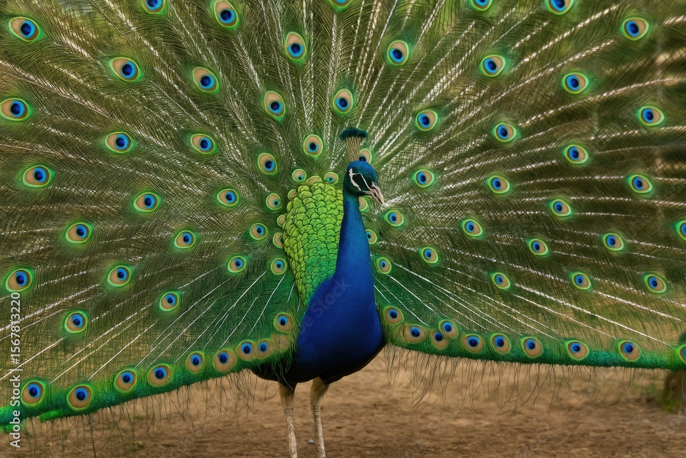 Naklejka premium A male peacock displays vibrant green and blue feathers while spinning a wheel at an animal sanctuary