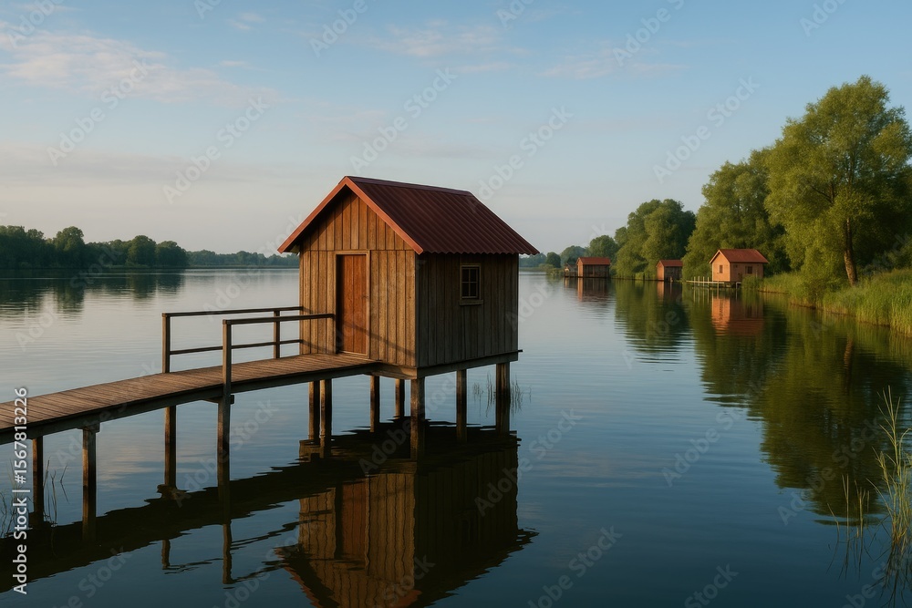 Fototapeta premium A tiny fishing hut situated by a lake, surrounded by other similar cabins and shacks
