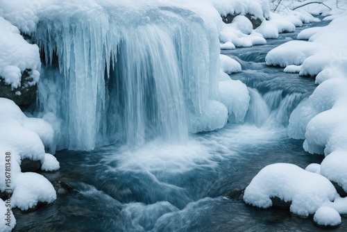 Winter scene featuring a frozen waterfall along a small river
